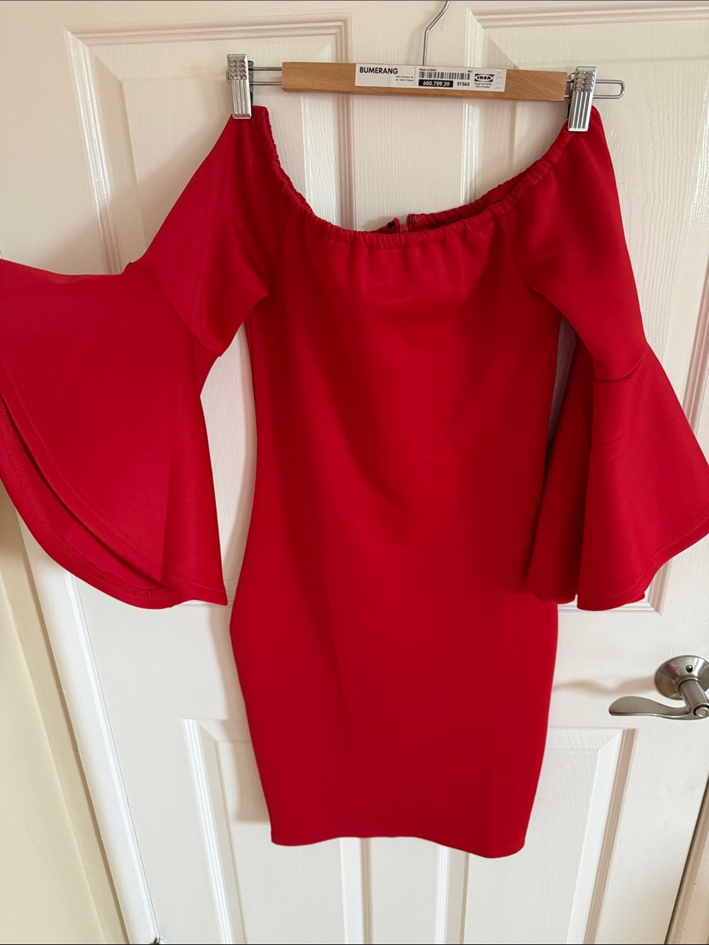 Off-Shoulder Red Bell-Sleeve Bodycon Dress